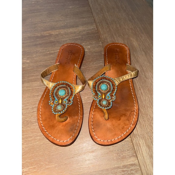 Mystique Beaded‎ Thong Sandals Turquoise Embellished Gold Straps Size 7 - Picture 1 of 7